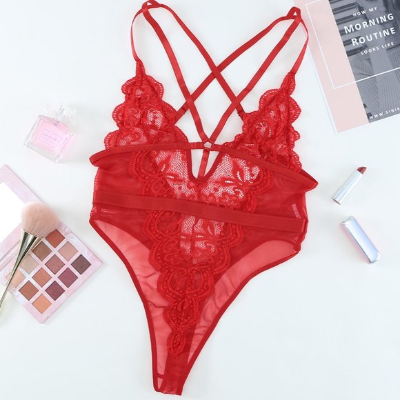 Unbranded Intimates & Sleepwear Red Lace Plunge High Leg Lingerie